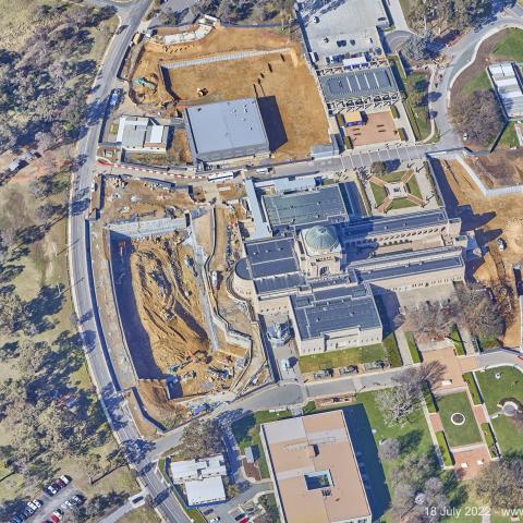 Aerial view of redevelopment works of Australian War Memorial