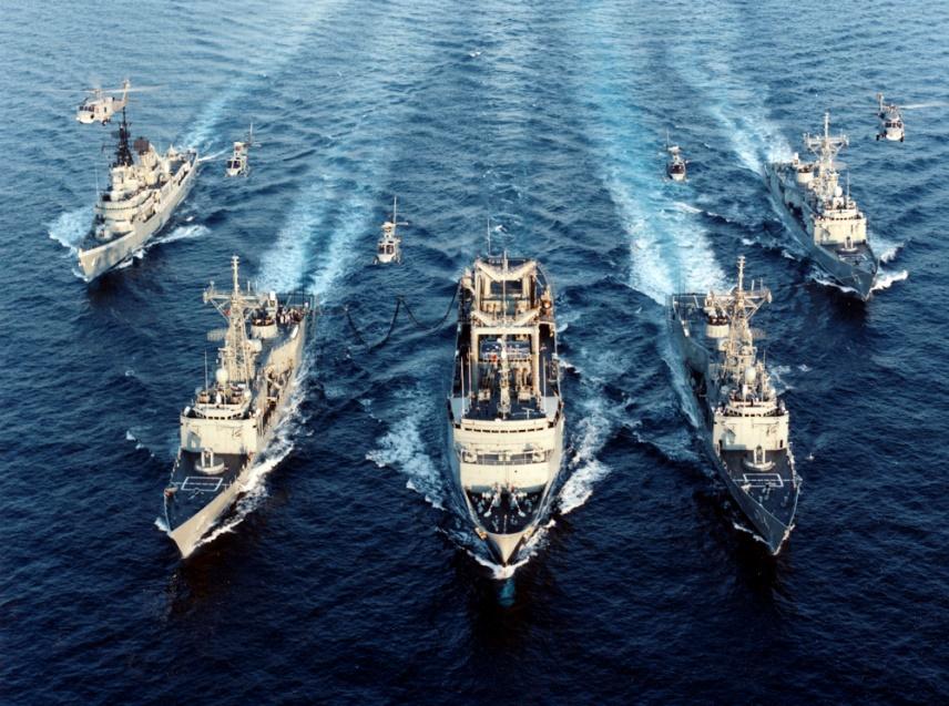 HMAS Brisbane, Adelaide, Success, Darwin and Sydney rendezvous for a handover in the Gulf of Oman