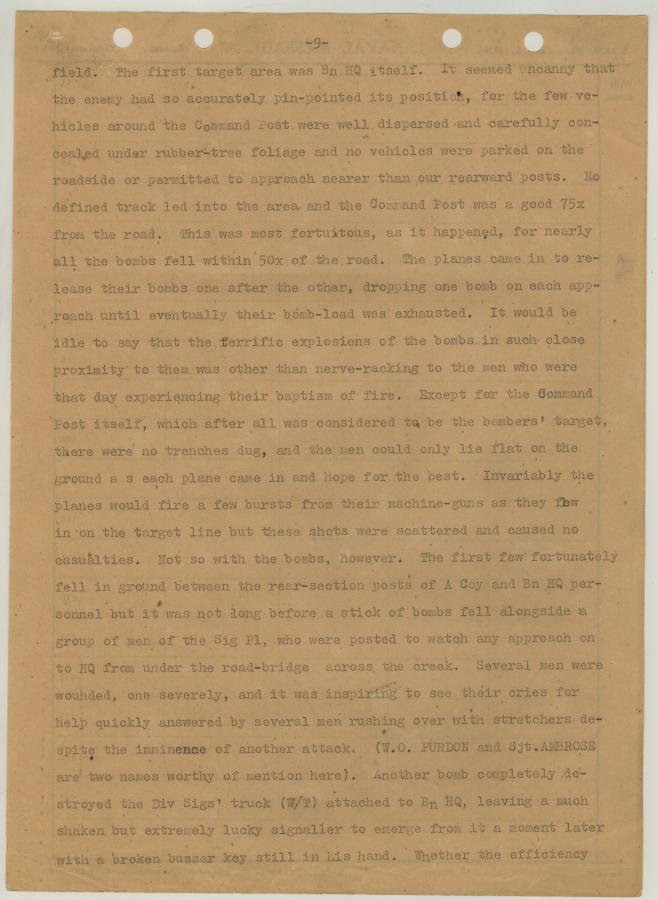2/30th Battalion War Diary entry noting Purdon’s actions at Gemas