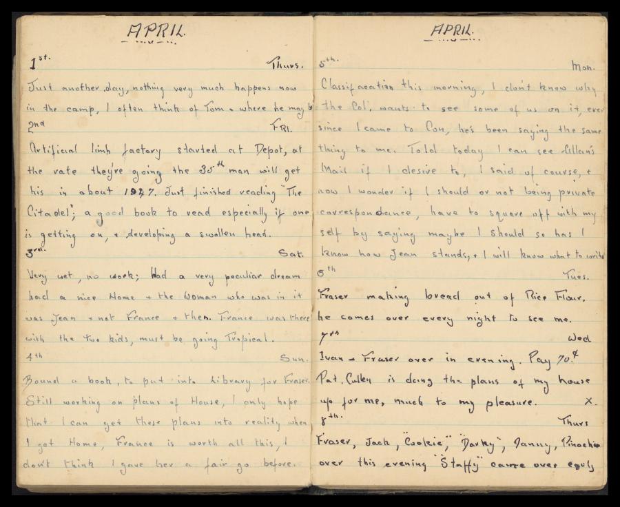 Diary of Francis Russell James Day, noting the establishment of the artificial limb factory