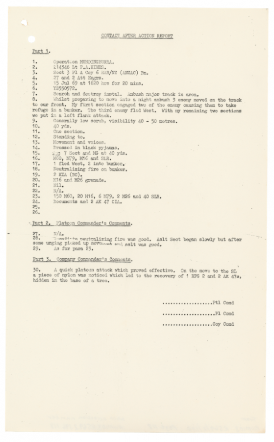 This report document refers to a contact Mick Storen had been involved in on 15 July 1969. Page 1