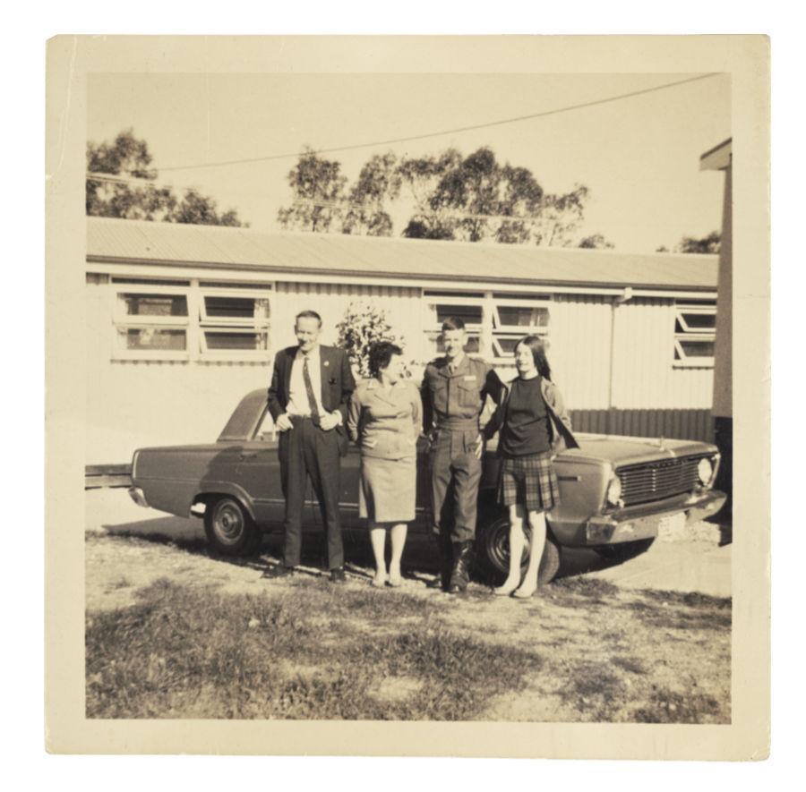 This photograph shows Mick with his Mother, Father and Sister Denise (Denny) in Puckapunyal after his passing out parade.