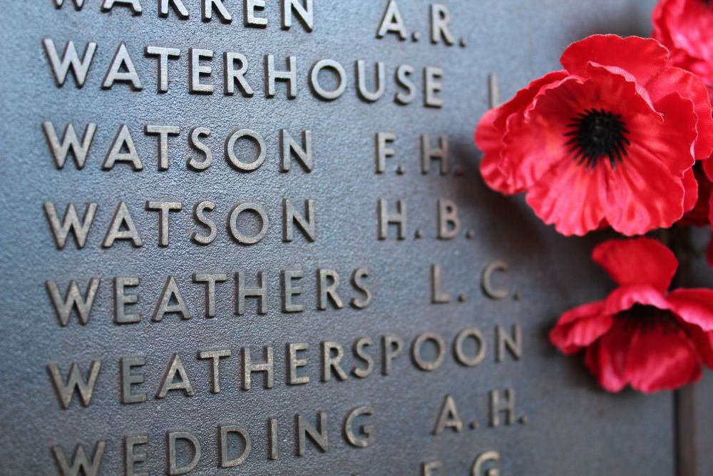 Close-up of the Roll of Honour with poppies