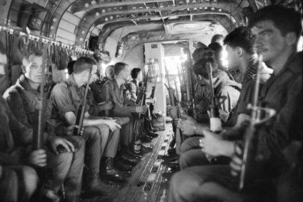 Troops of 7RAR about to disembark from a Chinook helicopter, Operation Santa Fe, 1967