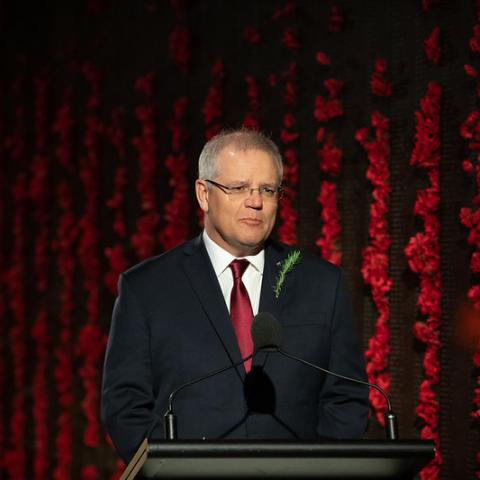 Prime Minister Scott Morrison giving a speech in front of Roll of Honour