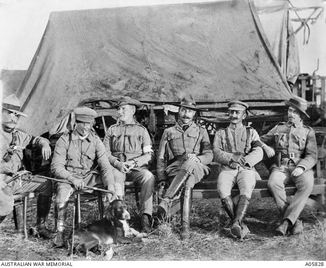 A group portrait of the officers of the Bushveldt Carbineers. From left to right they are: Lieutenant Peter Handcock, Lieutenant Harry Morant, unknown, Captain Frederick Hunt and Captain Alfred Taylor.