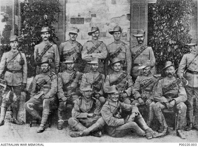 The 2nd South Australian Mounted Rifles in Adelaide before their departure for South Africa. Harry Morant, then a corporal, is sitting on the right at the front of the photograph.