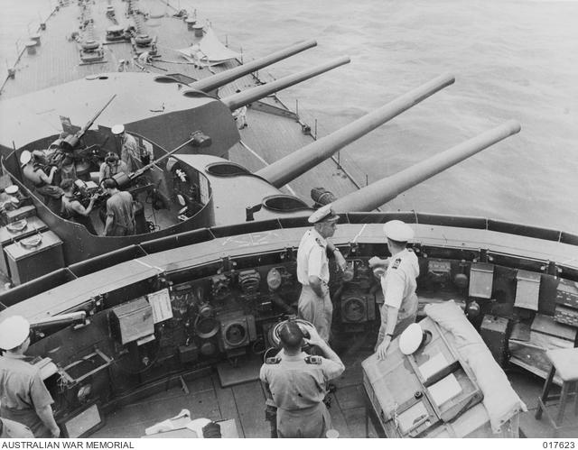 Captain Dechaineux on the bridge of HMAS Australia in September 1944.