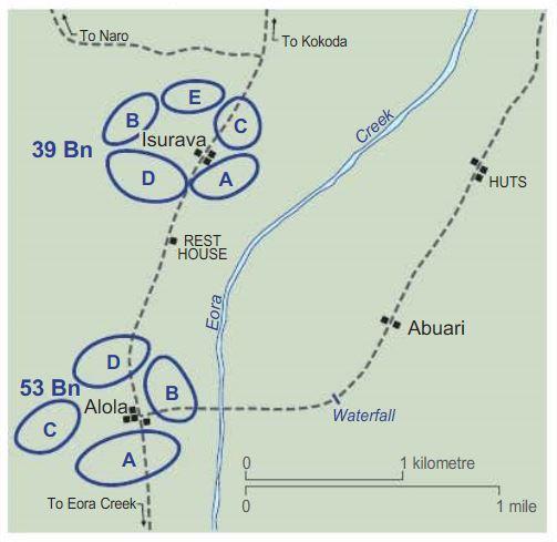 The 39th and 53rd Battalions’ respective company dispositions at Isurava and Alola on 26 August 1942