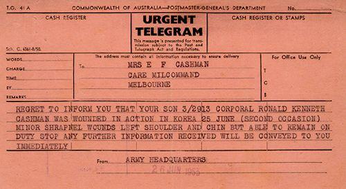 The telegram sent to Ron Cashmans mother 