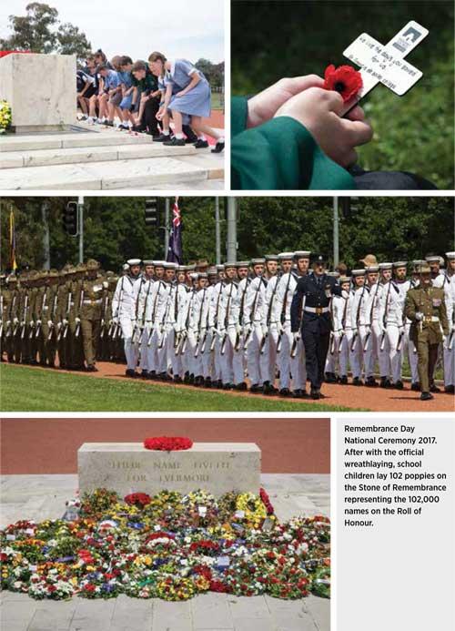 Remembrance Day National Ceremony 2017. After with the official wreathlaying, school children lay 102 poppies on the Stone of Remembrance representing the 102,000 names on the Roll of Honour.