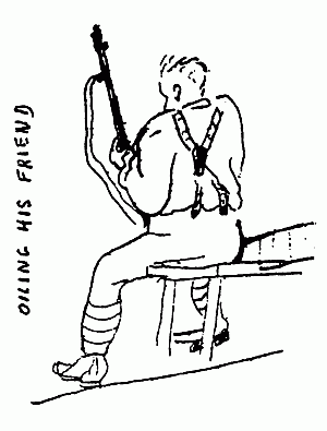 A picture of a man and his rifle, entitled "Oiling his friend", from the diary of Private Albert Golding.