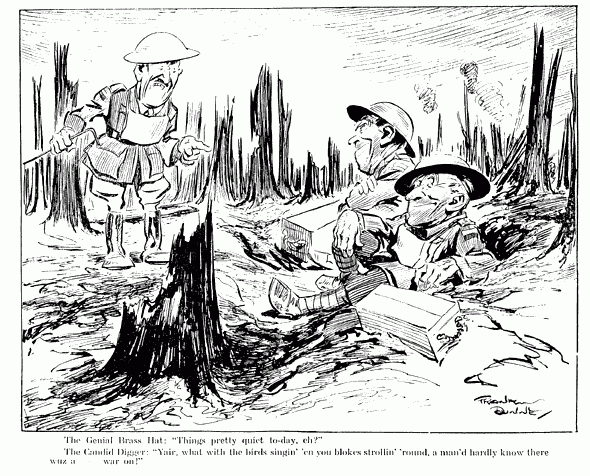 Drawing by Frank Dunne, showing the sometimes irreverent attitudes of Australian soldiers to superiors.