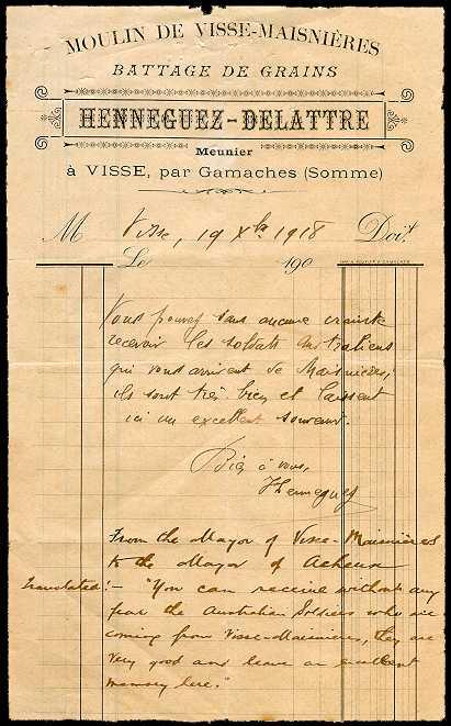 Testimonial dated 19 October, 1918