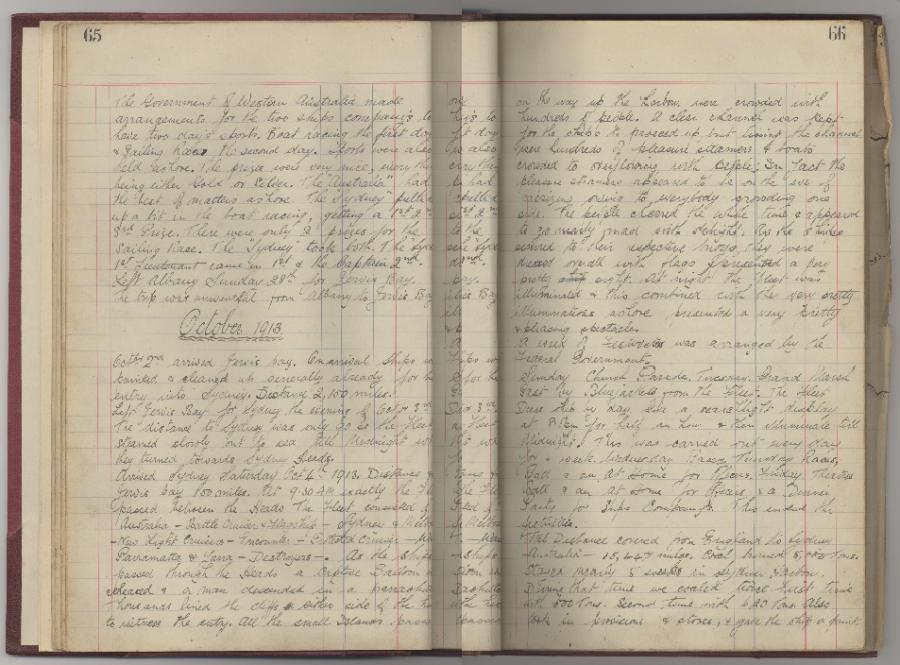 1DRL/0669 – Leading Signalman John William Seabrook describes the celebrations in Sydney during the course of the Fleet Entry. His extensive diaries describe the actions of HMAS Sydney, from its commissioning in 1913 to end of the First World War.