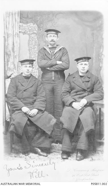 Group portrait of three HMAS Sydney shipmates, c.1913.