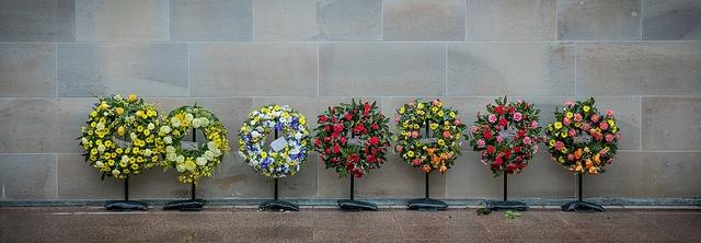 Wreaths laid by the Pool of Reflection