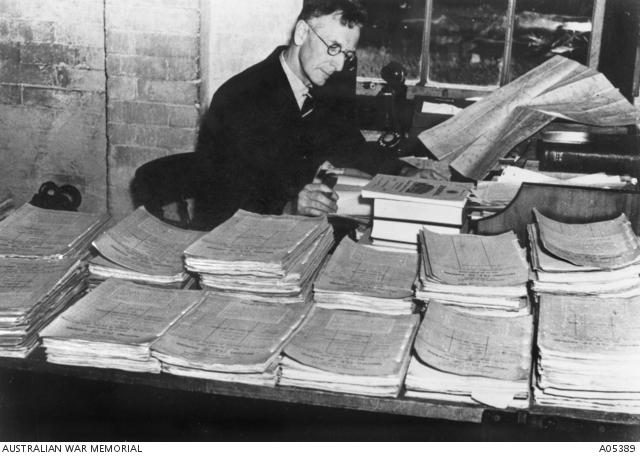 Bean working on the writing of the official history of the First World War, Victoria Barracks, Sydney, c.1935.